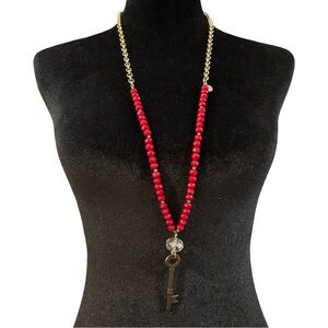 BHD Long Necklace Red Beaded gold Tone Chain Key Pendant 33 Inch Length